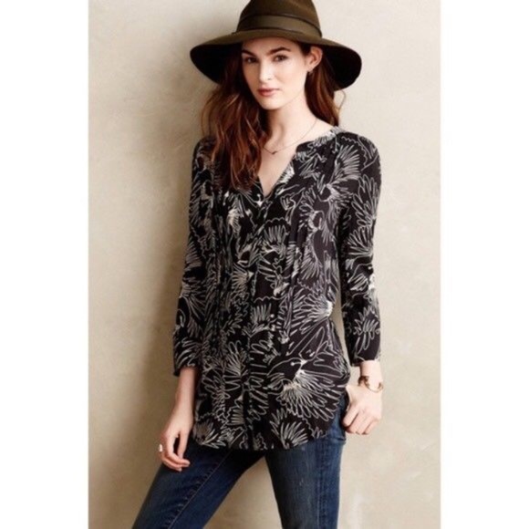 Anthropologie Tops - Anthropologie Pintucked Tunic Blouse Black Birds